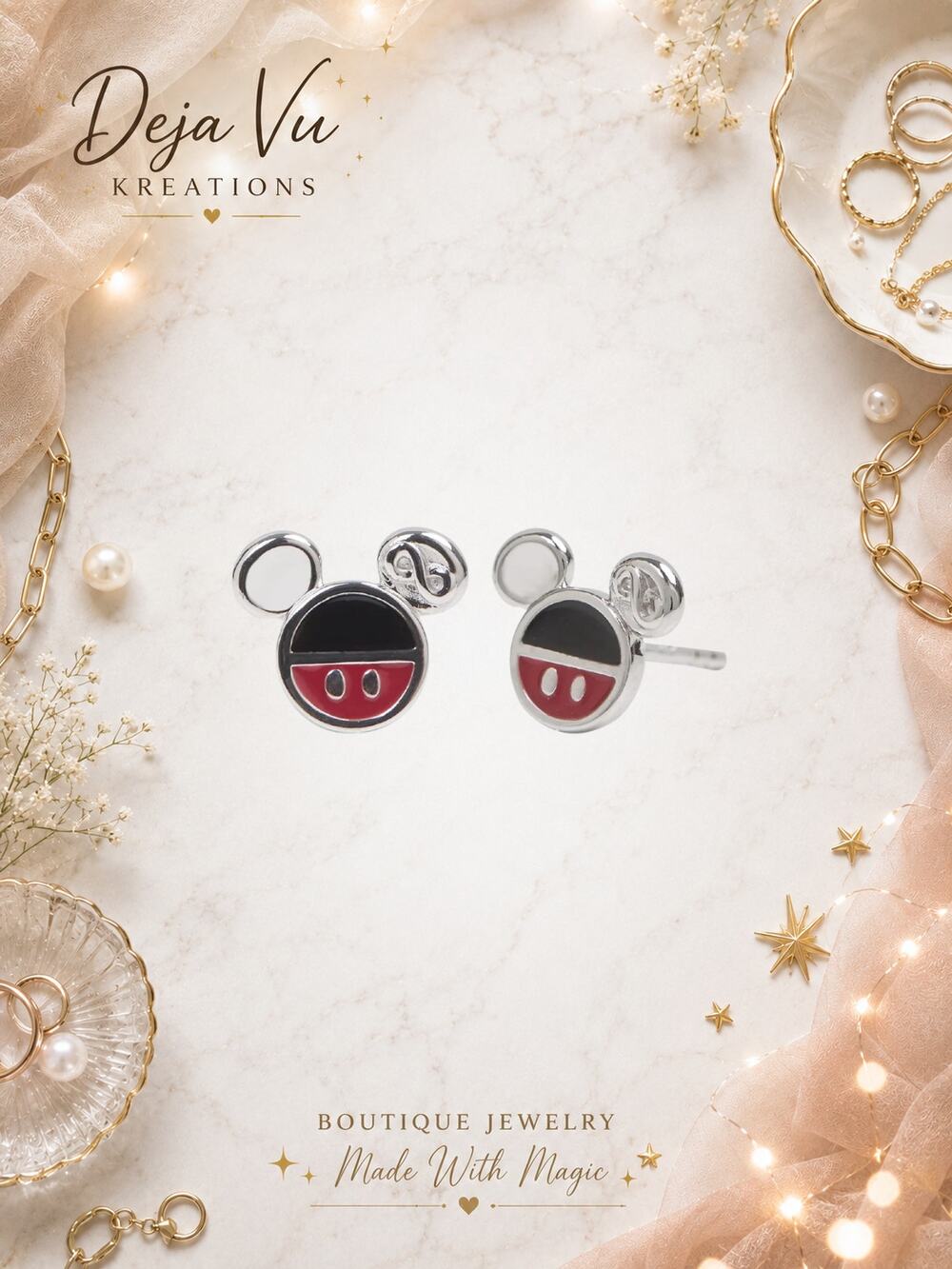 S925 Sterling Silver Mickey Mouse Infinity Stud Earrings Red Black Silver Tone